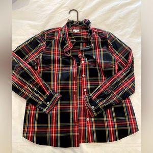 J Crew Factory tartan ruffle button-up shirt with jeweled buttons